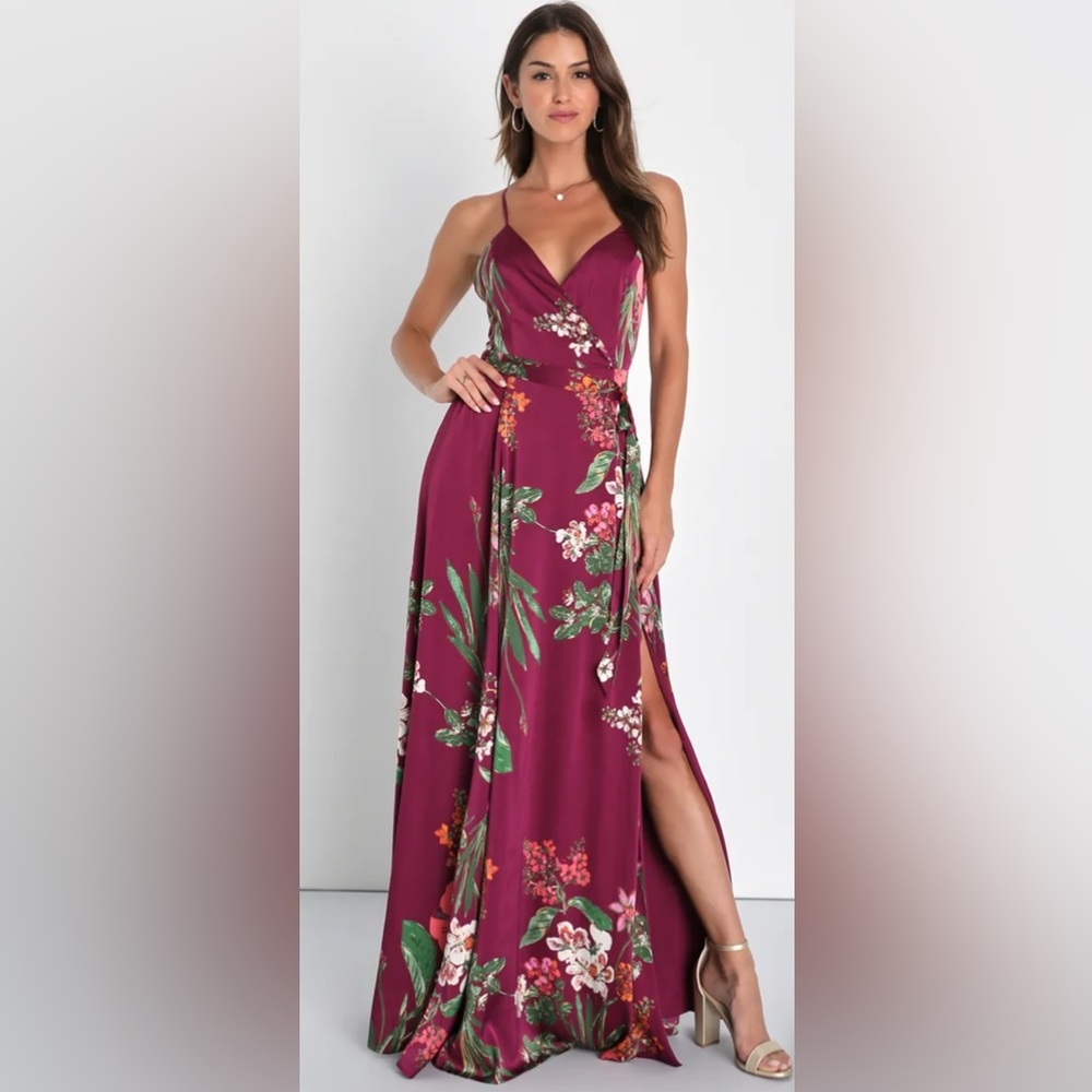 Lulus Still the One Burgundy Floral Print Satin Maxi Dress